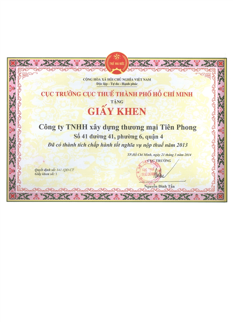 The Honor Certificate by HCMC Taxation Department (2013)
